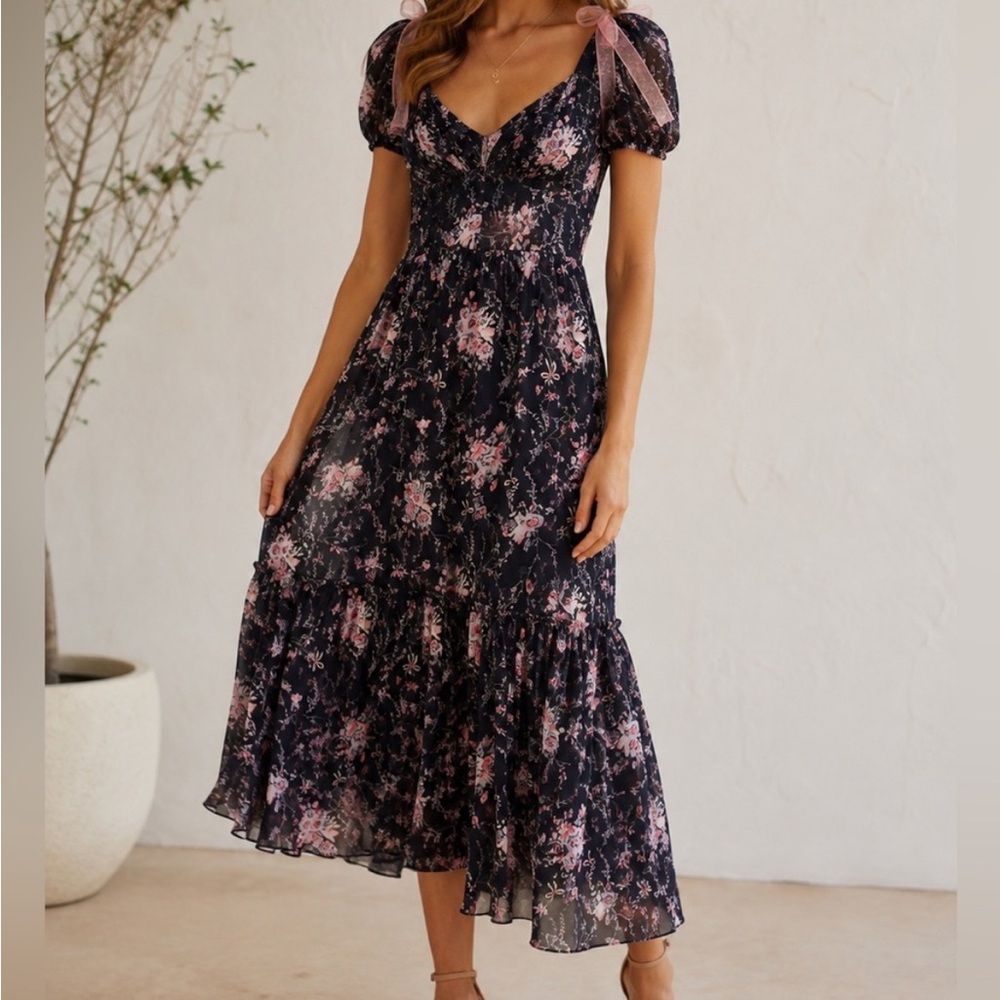 LoveShackFancy Floral Maxi Dress with Pink and Lavender Accents